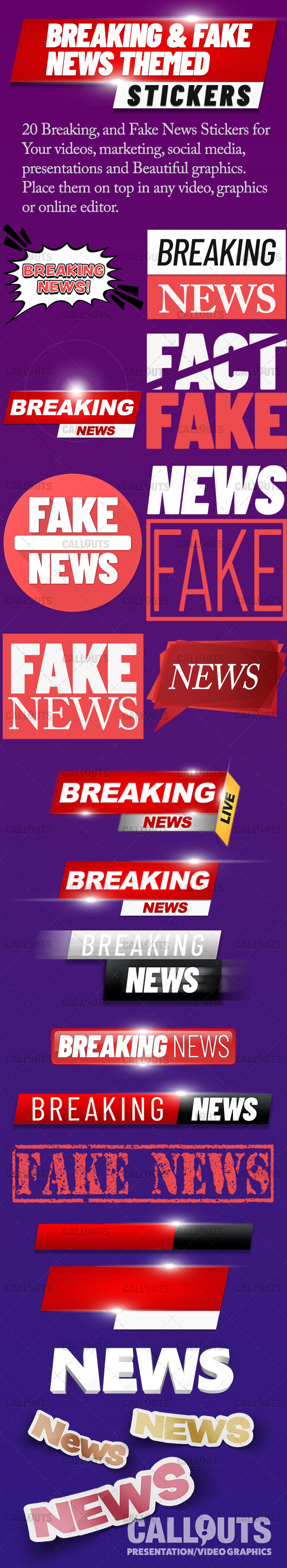 Callouts Creative Assets | Breaking and Fake News Themed Stickers